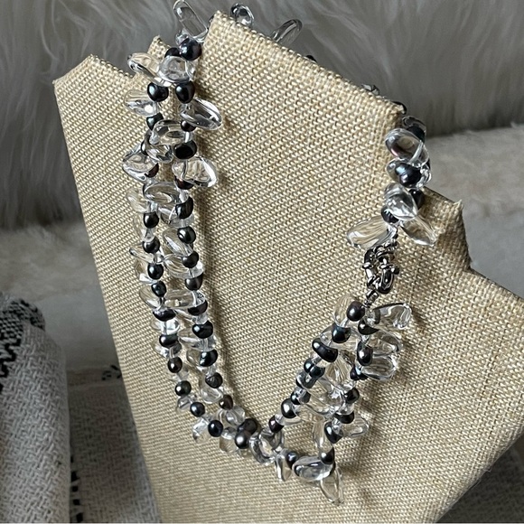 Rock Crystal Gemstones Black Rainbow Freshwater Pearls Two Strand 17"  Necklace - Picture 13 of 13